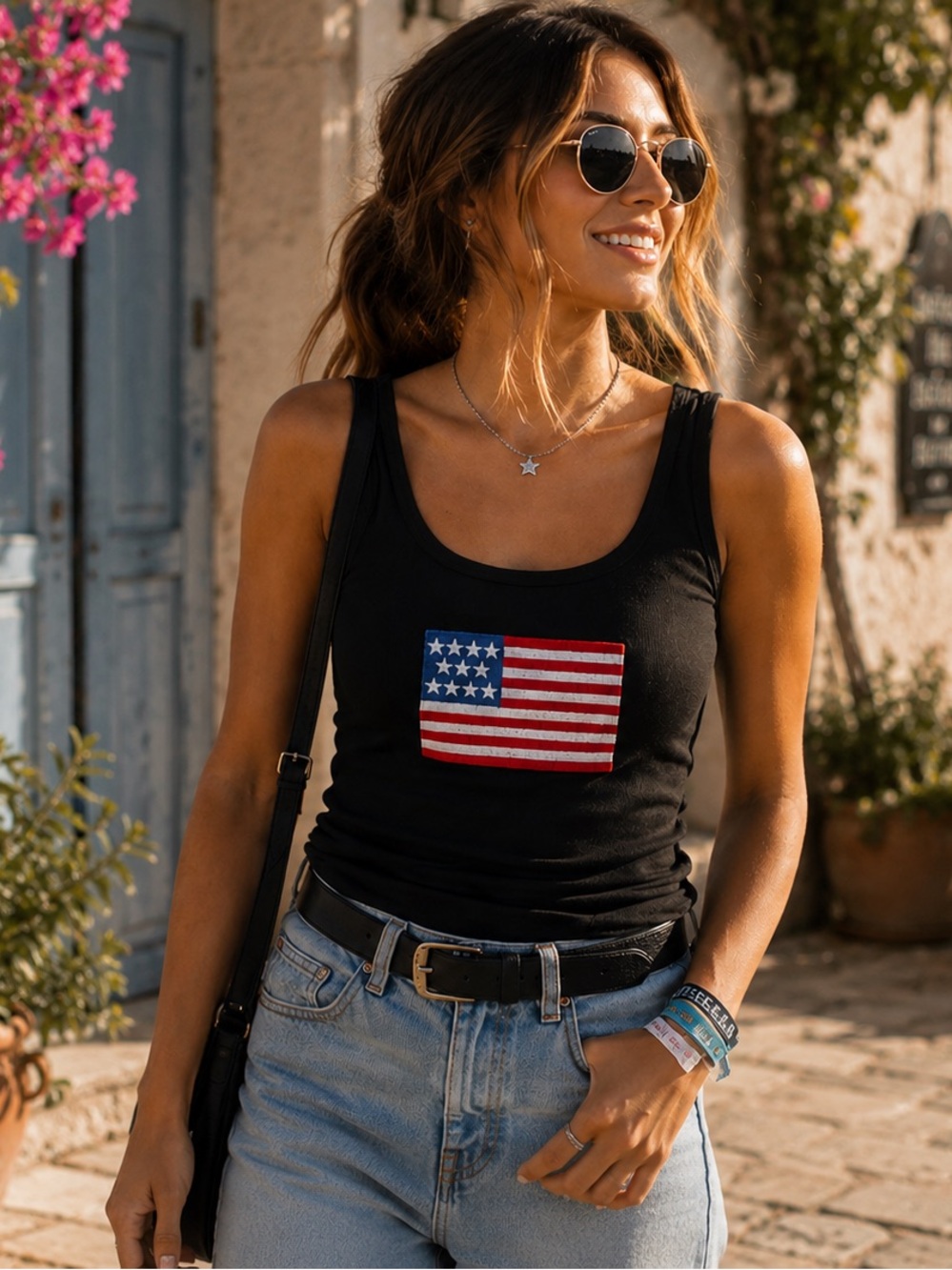 Zenana Outfitters Embroidered American Flag Racerback Tank Top Black Patriotic - Picture 5 of 7